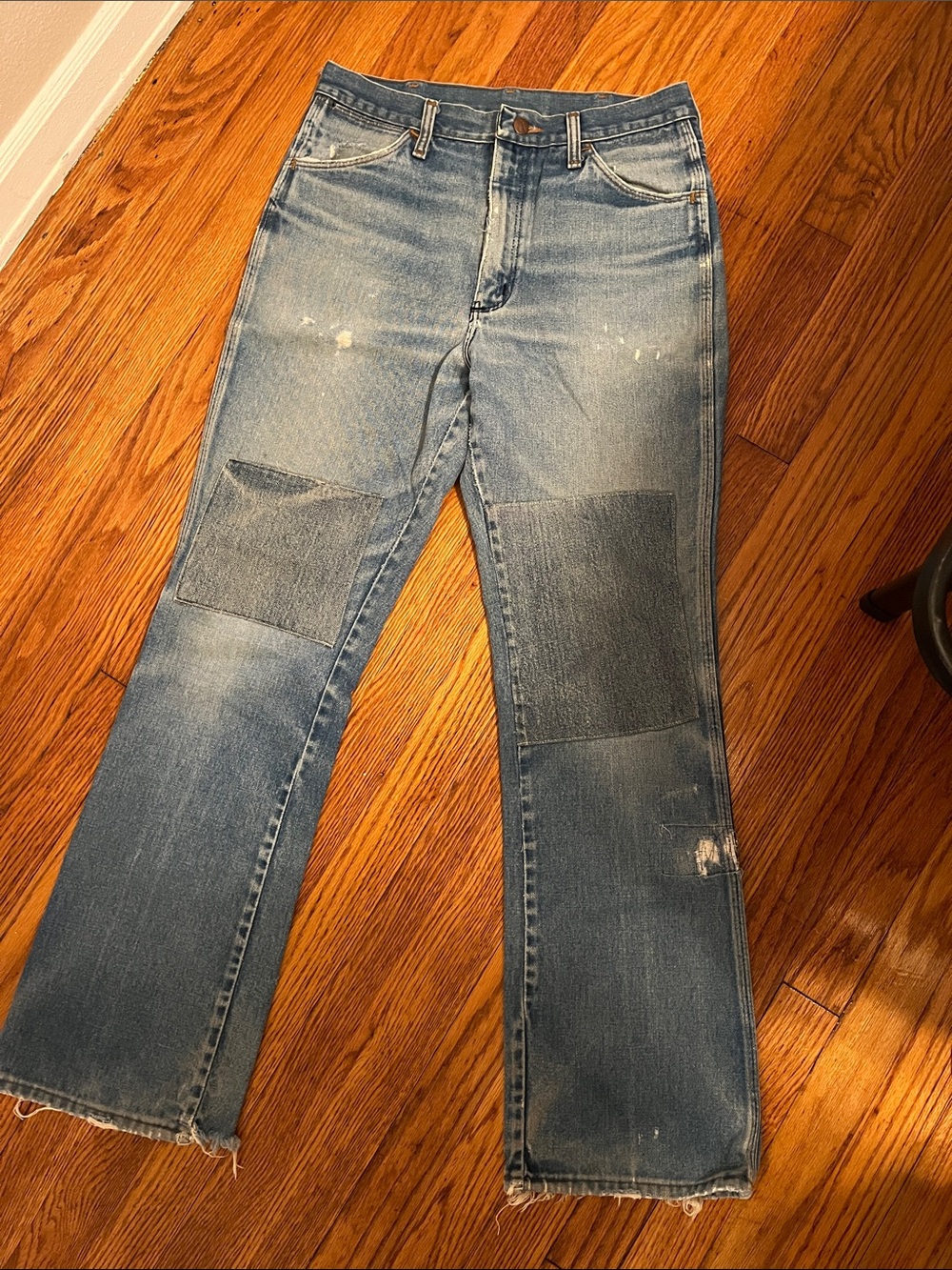 Vintage Blue Wrangler Patchwork Jeans - Classic Straight Fit, 32x32